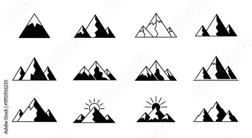 A collection of minimalist mountain shapes and a rising sun ideal for design projects on transparent background silhouette