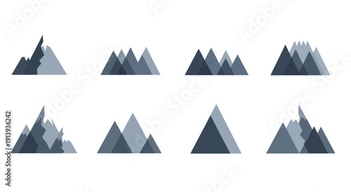 A collection of geometric mountain shapes in varying shades of blue and gray on transparent background silhouette high quality