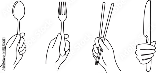 set of one line drawing of hands holding cutlery. Spoon, fork, chopsticks and table knife.one line vector illustration with white background