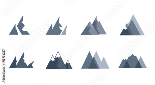 A collection of eight stylized mountain peak icons in varying shades of blue on transparent background silhouette high quality