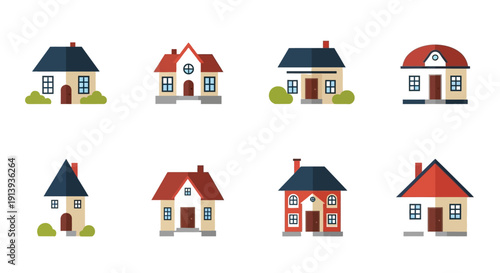 A collection of colorful simplified house icons arranged in a grid ideal for design projects on transparent background silhouette