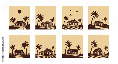 A collection of eight tropical island scenes featuring palm trees small houses and a sunset on transparent background silhouette