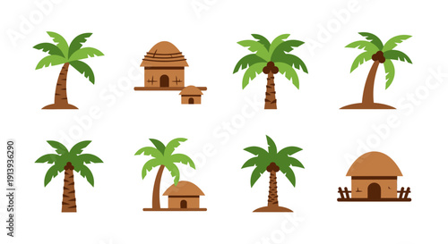A collection of tropical palm trees and thatched roof huts in a flat design silhouette on transparent background high quality