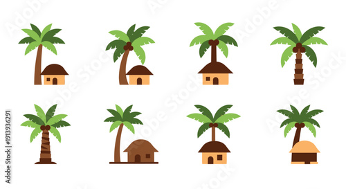 A collection of tropical island huts with palm trees presented in a flat vector style on transparent background silhouette