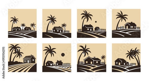 A collection of eight tropical landscape scenes featuring palm trees small houses and fields on transparent background silhouette