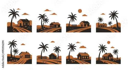 A collection of eight retro landscape scenes featuring palm trees houses and suns on transparent background silhouette high quality