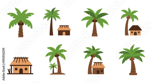 A collection of tropical palm trees and thatched roof huts ideal for island scenes on transparent background silhouette high quality
