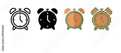 Four alarm clock icons presented in a collection of different artistic styles from simple line art and solid glyph to colorful flat design and retro 8-bit pixel art