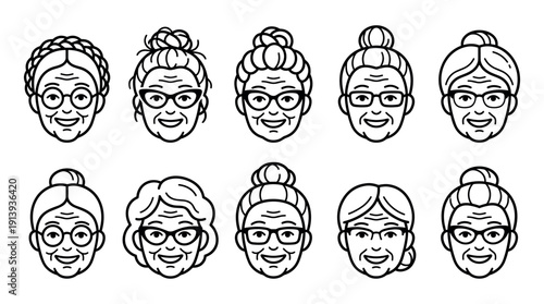 Collection of elderly women face icons with various hairstyles and glasses, illustrated in a clean black line art style with friendly, smiling expressions