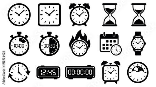 Diverse set of black time-related icons including clocks, stopwatches, hourglasses, and calendars in a simple glyph style for time management and deadline concepts