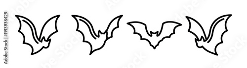 Four black outline bat illustrations flying in a row for a spooky Halloween design element, drawn in a simple minimalist line art style for a modern and clean look