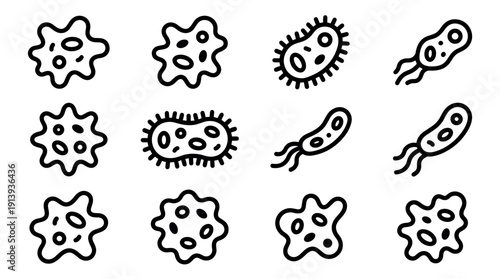 Set of black line icons depicting bacteria, amoebas, and various microorganisms in a simple hand-drawn doodle style for scientific or medical illustration