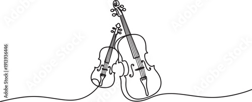 Violin and cello in one continuous line drawing. String musical instrument for orchestra and concert banner in simple linear style.one line vector illustration with white background.