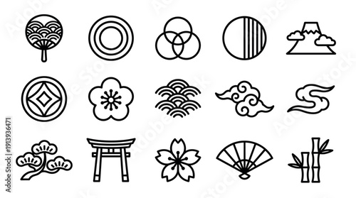 Set of traditional Japanese cultural icons in a minimalist black line art style, featuring a fan, torii gate, sakura blossom, mountain, and other symbolic elements