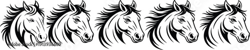 Horse head silhouette pattern with flowing mane, decorative animal artwork, black and white vector illustration, editable, isolated equestrian graphic design