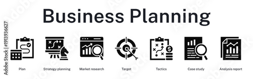 Business planning process from initial strategy to market analysis and tactical execution reports