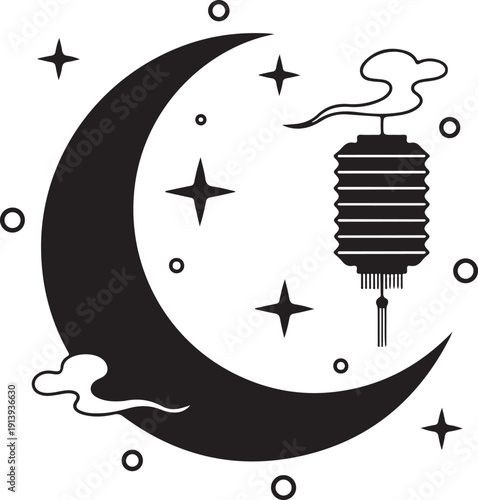 Crescent moon, shining stars, and traditional lantern design for cultural and celestial themes