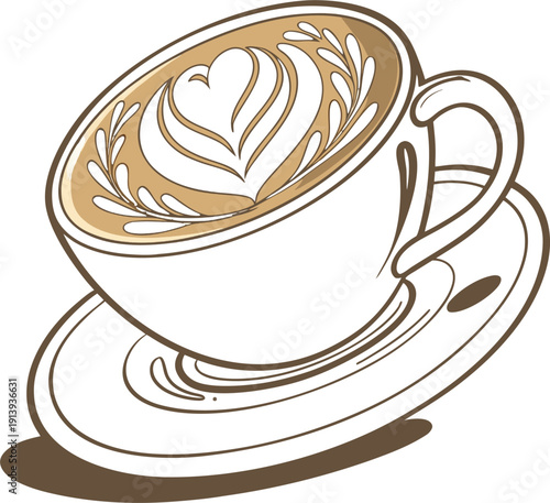 Minimal latte art coffee vector with smooth foam swirl and copy space, isolated on transparent background.