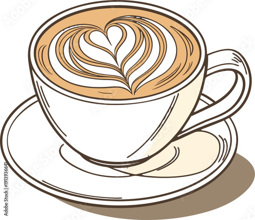Coffee cup latte art vector illustration, top view with elegant foam design and editable copy space.