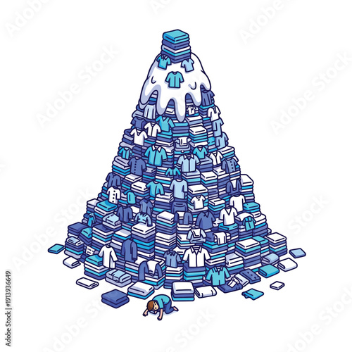Overwhelming Laundry Mountain: Massive Pile of Folded Clothes Towering Over a Stressed Person. Isometric Chore Burden Illustration.