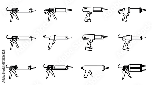 Caulking gun and sealant applicator icons set in a minimalist black line art style showing various manual, electric, and pneumatic tool designs for construction and repair