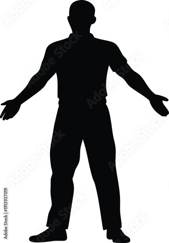 Silhouette of a man with arms outstretched against a white background