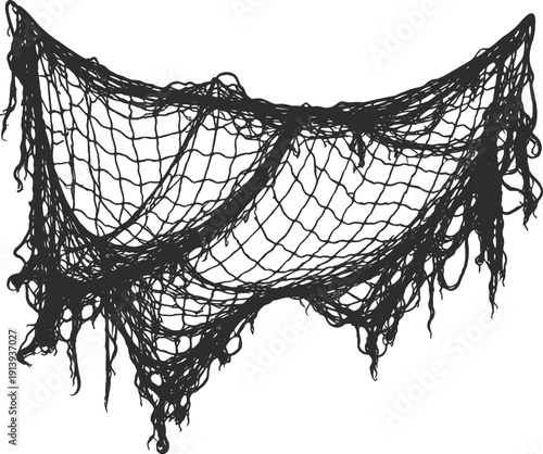 Tattered Fishing Net Draped Vintage Nautical Illustration.