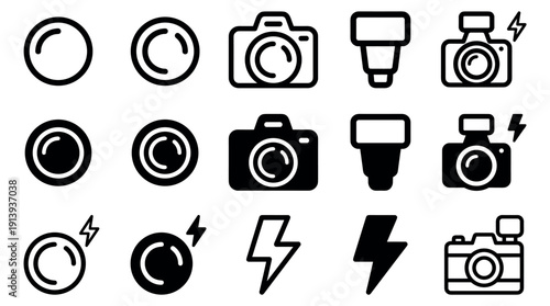 Collection of black photography equipment icons showing cameras, lenses, and flashes in a minimalist line and solid glyph style for user interface design or graphic elements