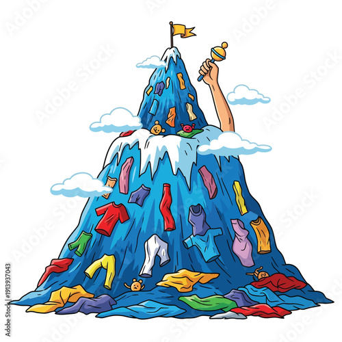 Laundry Mountain Chore Challenge Vector Illustration. Hand reaches the summit with a baby rattle flag, symbolizing the overwhelming task of parenting and baby clothes washing.