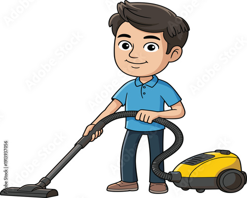 Young man cleaning floor with yellow vacuum cleaner, professional housekeeping service, domestic chores and home maintenance