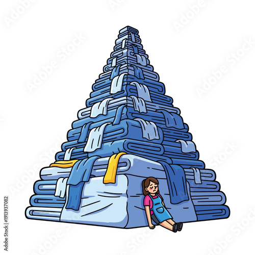 Cartoon of Overwhelmed Woman Slumped Against Huge Pyramid of Folded Laundry, Representing Chore Fatigue and Household Burden