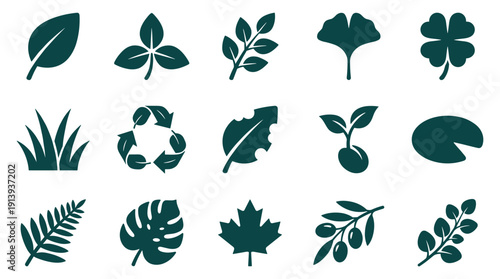 Set of fifteen dark green nature icons featuring various plant leaves, a sprouting seed, grass, and an eco-friendly recycling symbol in a clean, flat graphic style
