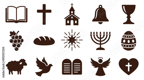 Collection of brown religious icons representing Christian and Jewish faith symbols like the cross, bible, church, dove, angel, menorah, and chalice in a simple graphic style