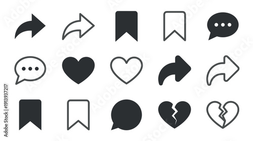 Collection of social media interface icons including share, comment, bookmark, and heart symbols in both solid and outline variations for user interface design and web development
