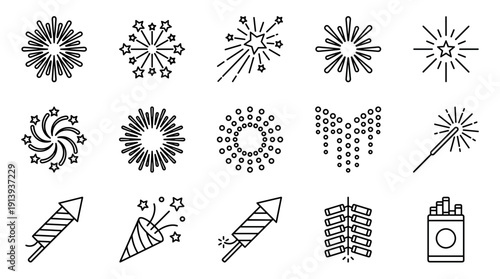 Collection of firework and pyrotechnic icons in a simple black outline style showing rockets, sparklers, firecrackers, and various festive bursts for holiday celebrations