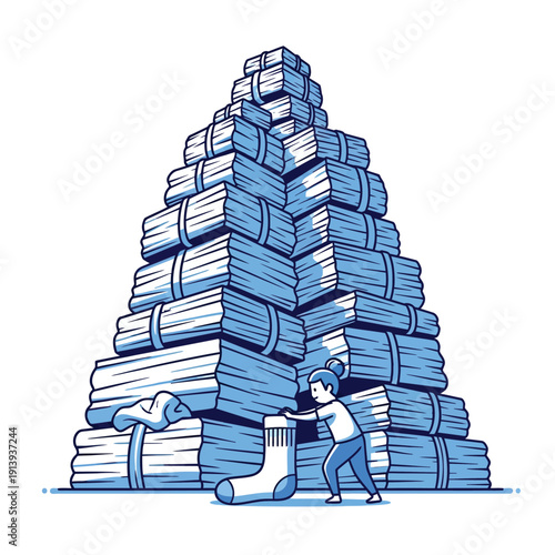 Financial Saving Metaphor: Woman Putting Money into a Sock Next to a Giant Stack of Cash. Wealth, Investment, and Financial Goal Illustration.
