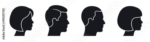 Four black silhouette icons of human heads in profile view showing diverse male and female hairstyles in a minimalist graphic style for user avatar or identity concepts