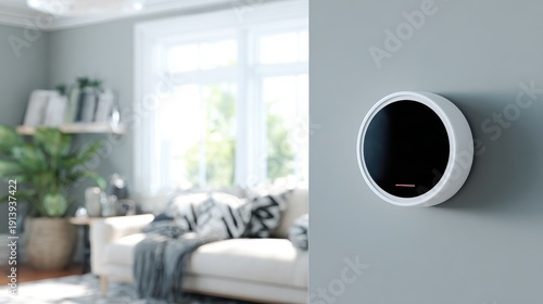 Modern Smart Thermostat Mounted on Wall in Stylish Living Room Interior with Cozy Sofa, Green Plants, and Bright Natural Light Through Windows