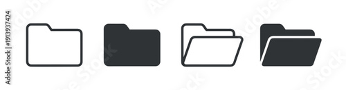 Four black folder icons in different styles, including outline and solid glyph versions for single and multiple documents, representing data storage and digital organization