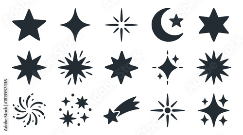 Set of hand-drawn black celestial element silhouettes including various star shapes, a crescent moon, a shooting star, and twinkling sparkles in a flat graphic illustration style