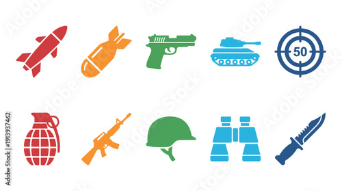 Collection of colorful military weapon and equipment icons featuring a missile, bomb, handgun, tank, target, grenade, rifle, helmet, binoculars, and knife in a simple design
