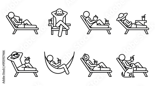 Set of minimalist stick figure pictograms depicting summer vacation activities, with people resting on deck chairs, drinking cocktails, reading books, and relaxing with a dog