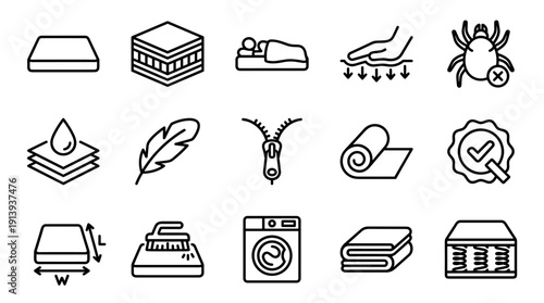 Mattress and bedding properties line icon set illustrating comfort, layers, waterproof, anti-mite, size, and cleaning features for product information