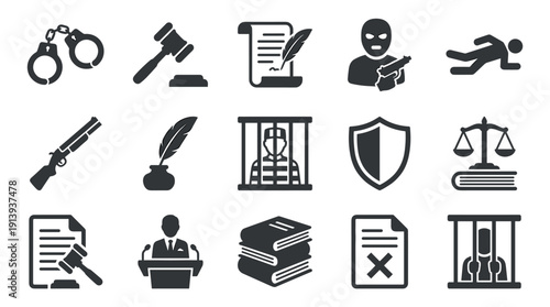 Collection of monochrome law and justice icons showing a judge's gavel, handcuffs, a prisoner behind bars, a weapon, and scales in a flat graphic vector style