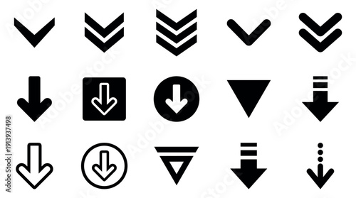 Diverse set of black down arrow icons and download symbols featuring various minimalist and flat designs for user interface navigation and graphic elements