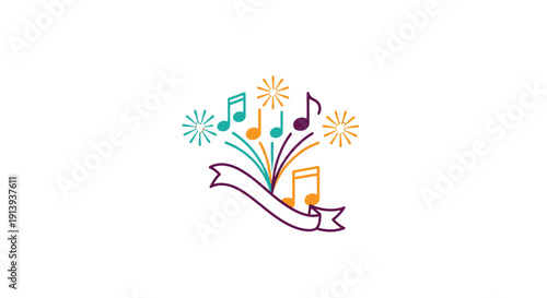Colorful musical notes and ribbon emblem design.
