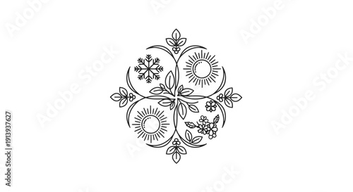 Intricate black and white floral design with sunflowers and leaves.