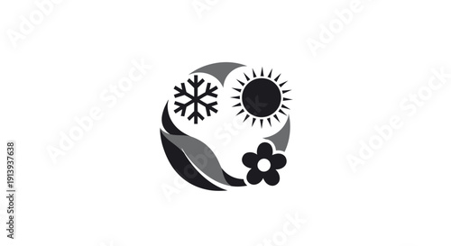 Black and white yin yang symbol with snowflake sun and flower.