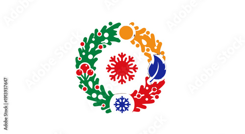 Colorful floral wreath with abstract elements and white background.