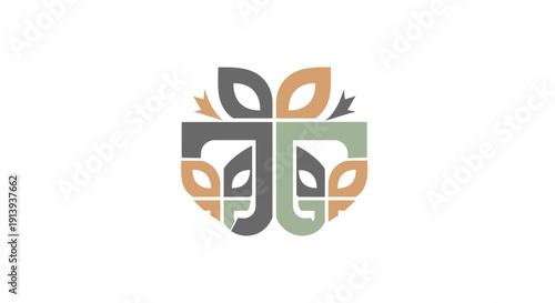 Stylized cross symbol with leaves and foliage elements.